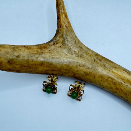 Vintage Green Jade Gold Tiny Dangle Earrings
