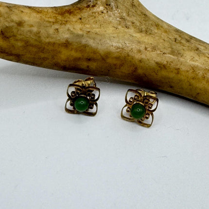 Vintage Green Jade Gold Tiny Dangle Earrings