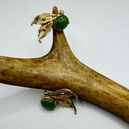 Vintage Green Nephrite Jade Clip-On Earrings 12k Gold Filled Delicate Screw Back Design