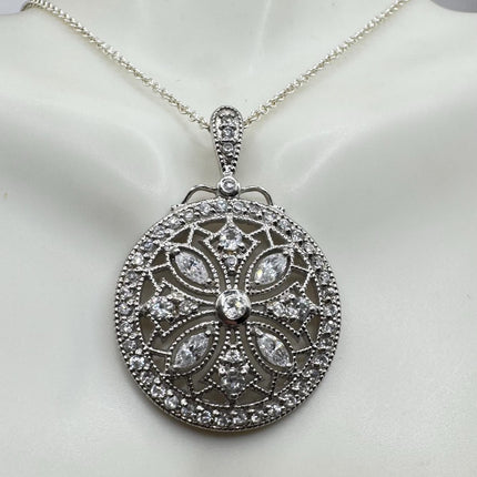Vintage White Diamond Evil Eye Peace Sign 925 Sterling Silver Necklace - Antique Design