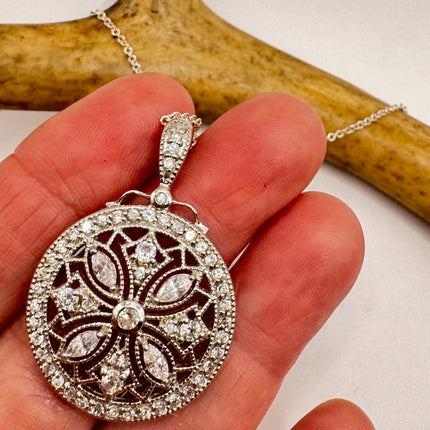 Vintage White Diamond Evil Eye Peace Sign 925 Sterling Silver Necklace - Antique Design
