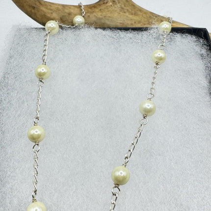 Vintage Silver Pearl Necklace | White Pearl Gemstone Crystal Birthstone 925 Sterling Silver Station Necklace