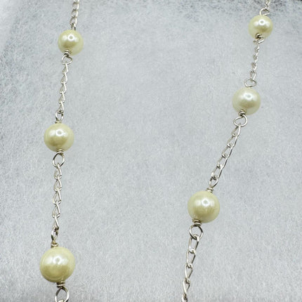 Vintage Silver Pearl Necklace | White Pearl Gemstone Crystal Birthstone 925 Sterling Silver Station Necklace