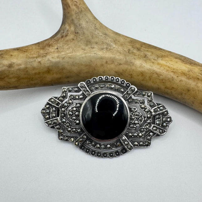 Vintage Black Onyx Marcasite Brooch Pin | Deco Sterling Silver Pin Brooch