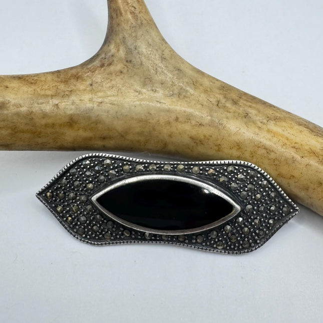 Vintage Black Onyx Marcasite Brooch Pin | Deco Sterling Silver Pin Brooch