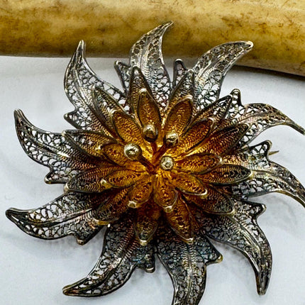 Vintage Filigree Flower Brooch Pin | Deco Sterling Silver Pin Brooch