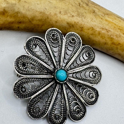 Vintage Filigree Flower Brooch Pin | Deco Sterling Silver Pin Brooch