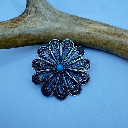 Vintage Filigree Flower Brooch Pin | Deco Sterling Silver Pin Brooch