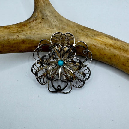 Vintage Filigree Flower Brooch Pin | Deco Sterling Silver Pin Brooch