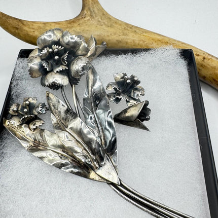 Vintage Huge Flower Brooch Pin | Deco Sterling Silver Pin Brooch | Shoulder Pin