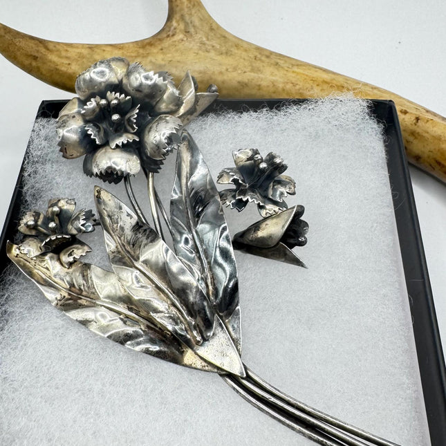 Vintage Huge Flower Brooch Pin | Deco Sterling Silver Pin Brooch | Shoulder Pin
