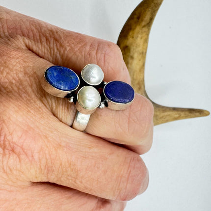 Vintage Boho Blue lapis lazuli Ring Band chunky cocktail ring