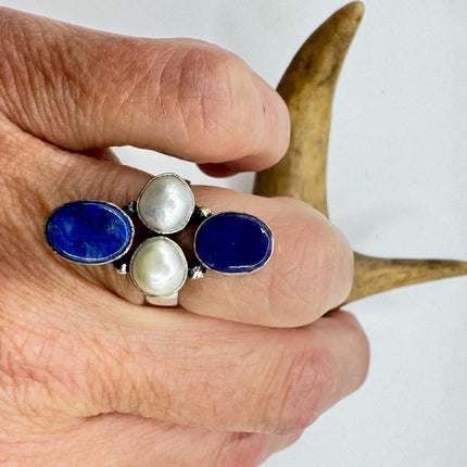 Vintage Boho Blue lapis lazuli Ring Band chunky cocktail ring