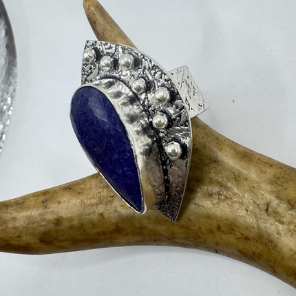 Vintage Raw Blue Sapphire Ring Handmade Silver Finished Bronze Gemstone Ring, Boho Statement Jewelry, Unique Gift for Her