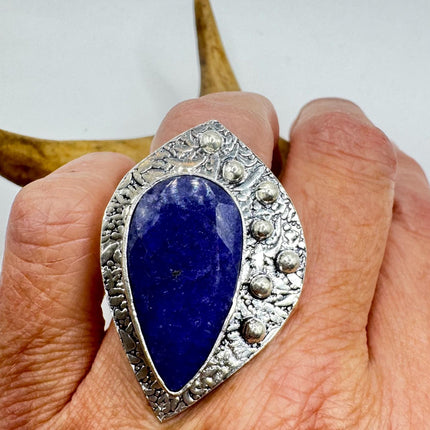 Vintage Raw Blue Sapphire Ring Handmade Silver Finished Bronze Gemstone Ring, Boho Statement Jewelry, Unique Gift for Her