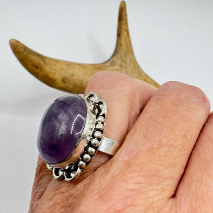 Vintage Purple Amethyst Cocktail Ring Silver Band Statement Ring