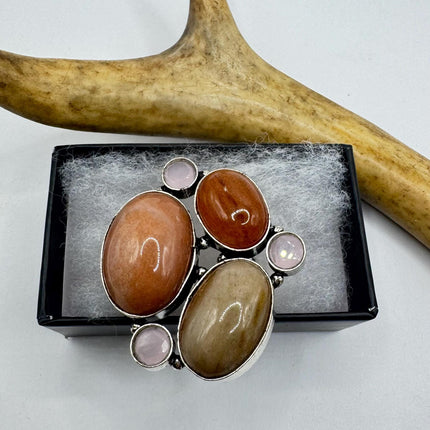 Vintage Silver Bronze Boho Ring | Orange Agates Rose Quartz | Unique Gift Statement Ring