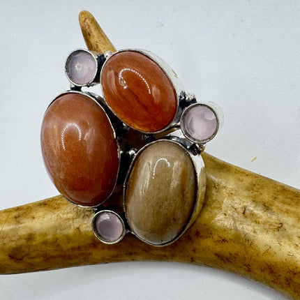 Vintage Silver Bronze Boho Ring | Orange Agates Rose Quartz | Unique Gift Statement Ring