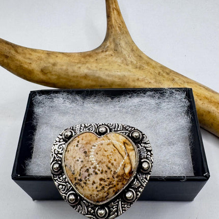 Vintage Silver Bronze Boho Ring | Heart Picture Jasper Agate Unique Gift Statement Ring