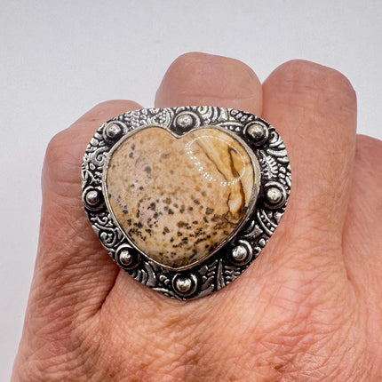 Vintage Silver Bronze Boho Ring | Heart Picture Jasper Agate Unique Gift Statement Ring