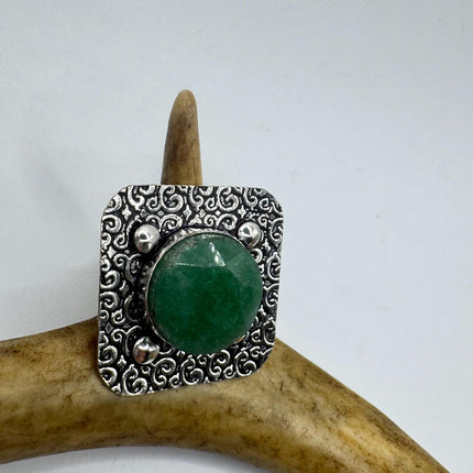 Vintage Silver Bronze | Green Raw Emerald | Unique Gift Statement Ring