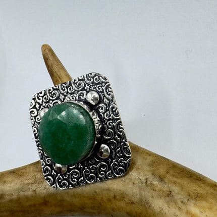 Vintage Silver Bronze | Green Raw Emerald | Unique Gift Statement Ring