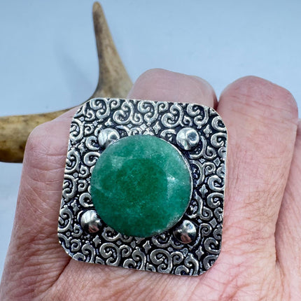 Vintage Silver Bronze | Green Raw Emerald | Unique Gift Statement Ring