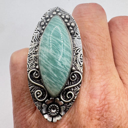 Vintage Silver Bronze | Green Amazonite | Unique Gift Statement Ring