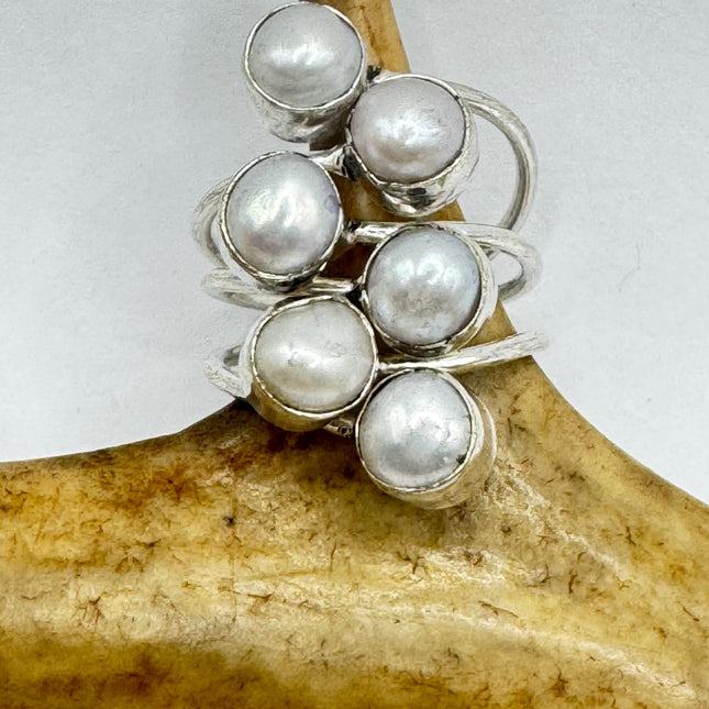 Vintage Pearl Cocktail Ring – Size adjustable 5-9 Silver Bronze Setting