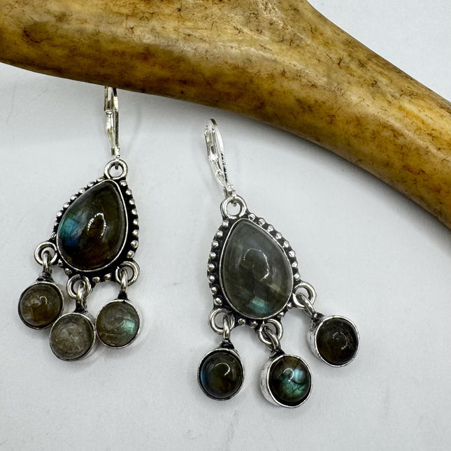 Vintage Labradorite Dangle Earrings Sterling Silver Design Statement Leverbacks