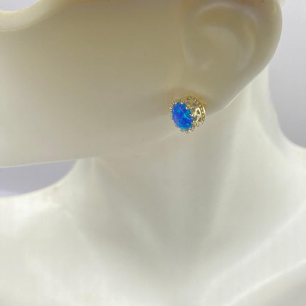 Tiny Gold Earrings | Mini Blue Fire Opal Gemstone | Golden 925 Sterling Silver Dainty Stud Button Earrings
