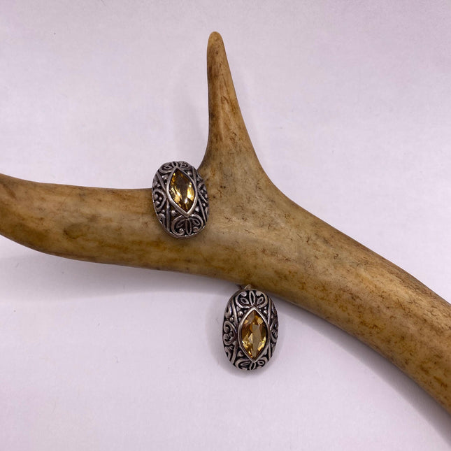 Vintage Silver Earrings | Citrine Gemstone Stud Button | 925 Sterling Silver Earrings
