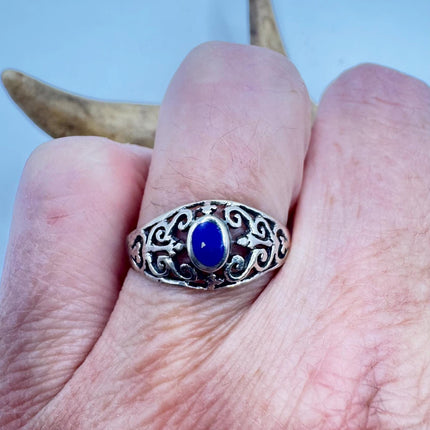 Vintage Blue Lapis Lazuli Crystal Cocktail Ring 925 Sterling Silver, Antique Style Design | Elijah Collection