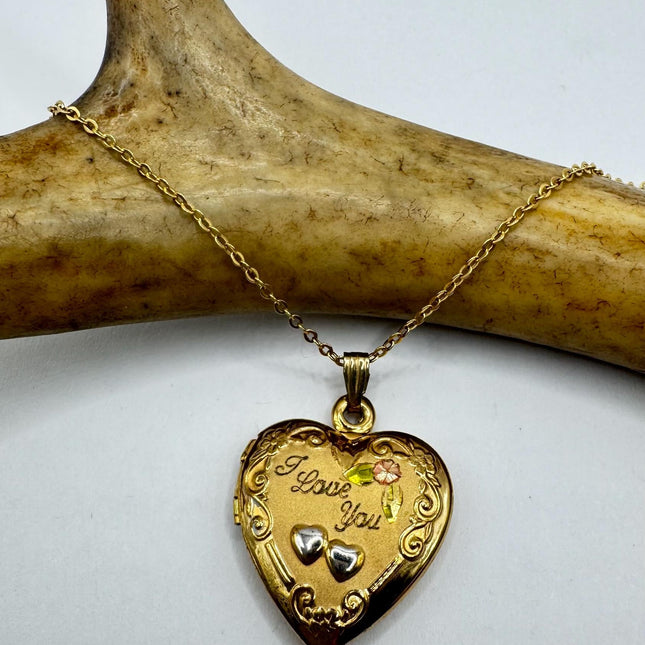 Vintage Gold Locket | Tiny 9k Gold Filled Heart Pendant Photo Memory Charm Engraved Two Hearts | Golden 925 Sterling Silver Chain Necklace