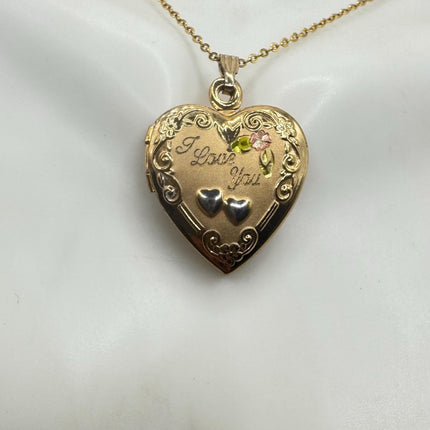 Vintage Gold Locket | Tiny 9k Gold Filled Heart Pendant Photo Memory Charm Engraved Two Hearts | Golden 925 Sterling Silver Chain Necklace