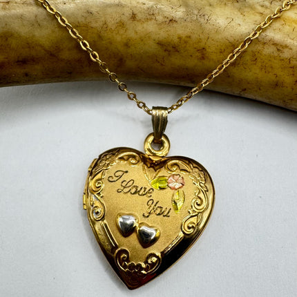 Vintage Gold Locket | Tiny 9k Gold Filled Heart Pendant Photo Memory Charm Engraved Two Hearts | Golden 925 Sterling Silver Chain Necklace