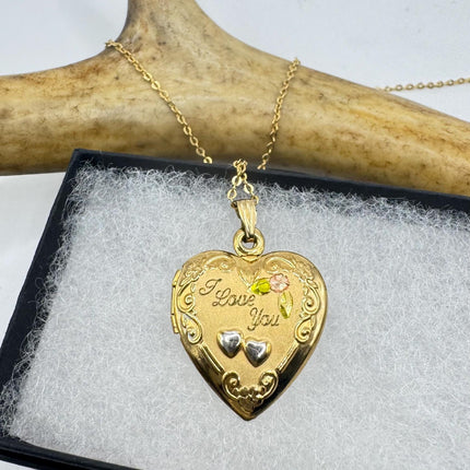 Vintage Gold Locket | Tiny 9k Gold Filled Heart Pendant Photo Memory Charm Engraved Two Hearts | Golden 925 Sterling Silver Chain Necklace