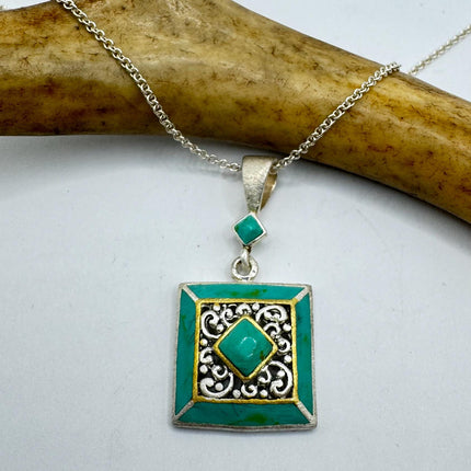 Vintage Turquoise Silver Gemstone Pendant | 925 Sterling Silver Necklace