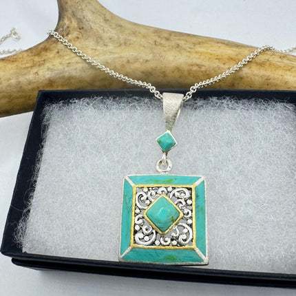 Vintage Turquoise Silver Gemstone Pendant | 925 Sterling Silver Necklace