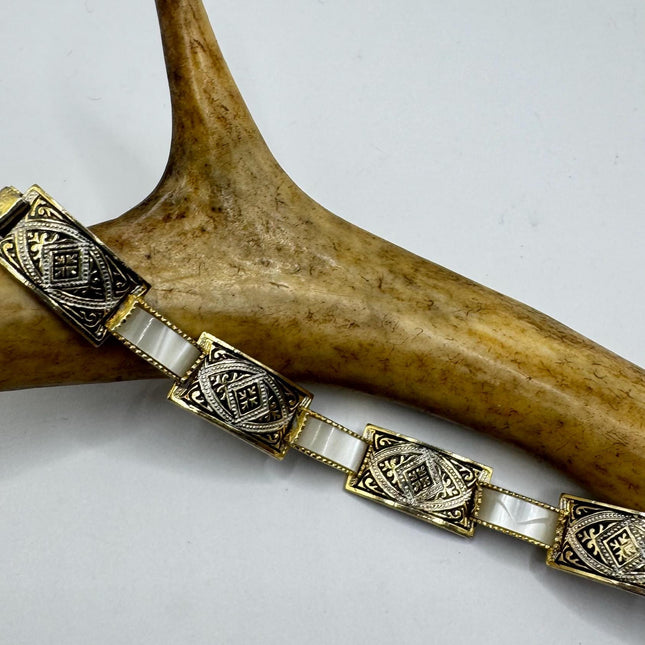 Vintage White Bracelet Mother of Pearl Set in Gold Bronze Stacking Layered