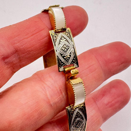 Vintage White Bracelet Mother of Pearl Set in Gold Bronze Stacking Layered