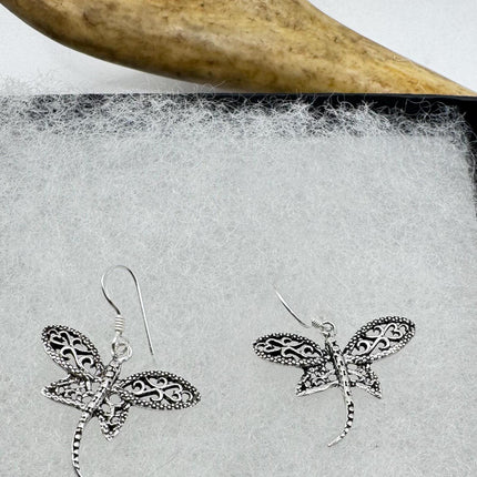 Vintage Dragonfly dangle Earrings 925 Sterling Silver