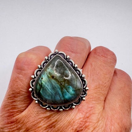 Vintage Chunky Rainbow Labradorite Cocktail Ring - Statement Band
