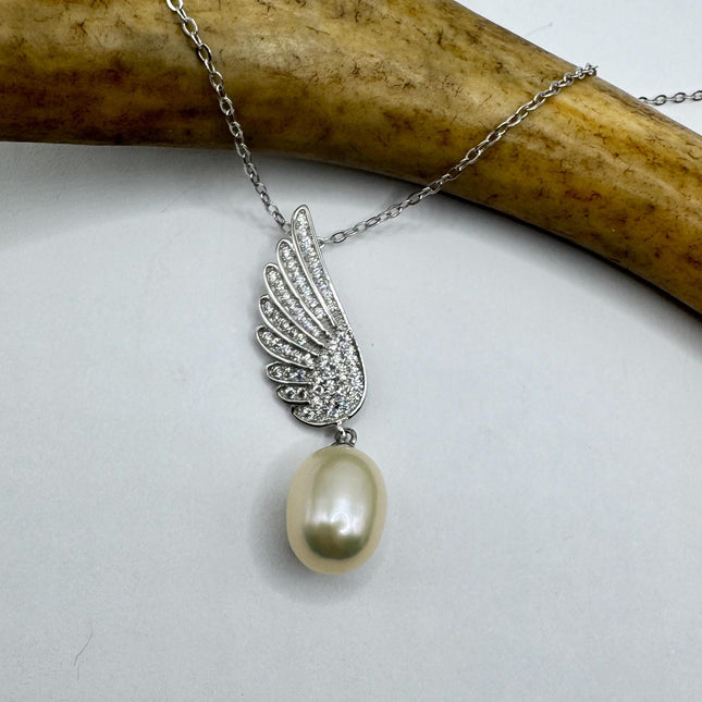 Vintage Pearl Winged Necklace - Dainty 925 Sterling Silver Chain, Delicate Design