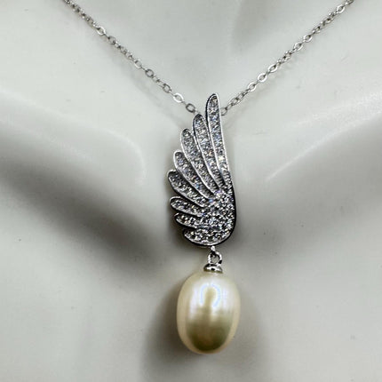 Vintage Pearl Winged Necklace - Dainty 925 Sterling Silver Chain, Delicate Design