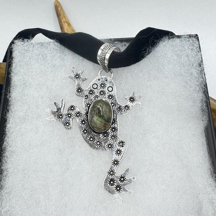 Vintage Silver Bronze Rainbow Labradorite Black Velvet Choker Pendant Necklace