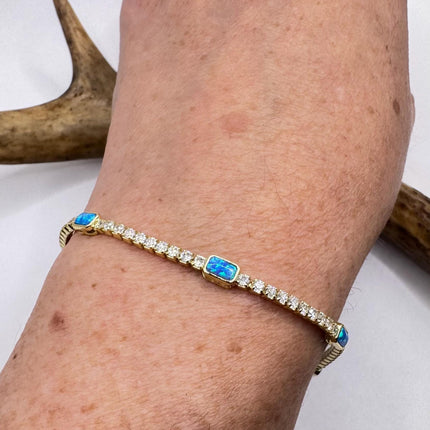 Vintage Gold Tennis Bracelet | Blue Fire Opal Gemstone Cubic Zirconia Crystal Diamond 4 Prong Setting in Golden 925 Sterling Silver