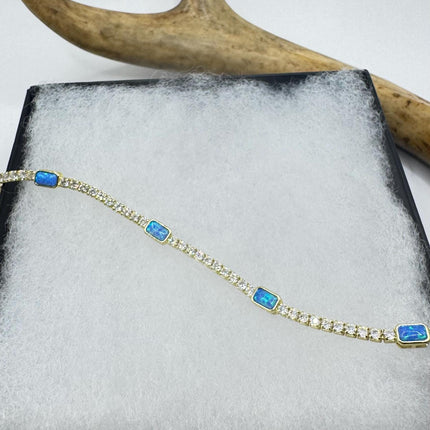 Vintage Gold Tennis Bracelet | Blue Fire Opal Gemstone Cubic Zirconia Crystal Diamond 4 Prong Setting in Golden 925 Sterling Silver