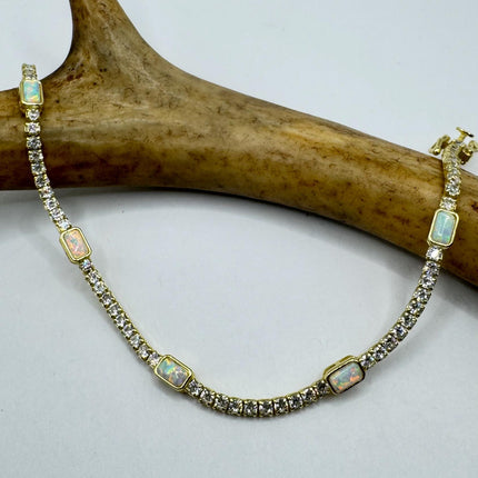 Vintage Gold Tennis Bracelet | Blue Fire Opal Gemstone Cubic Zirconia Crystal Diamond Gold 4 Prong Setting in Golden 925 Sterling Silver