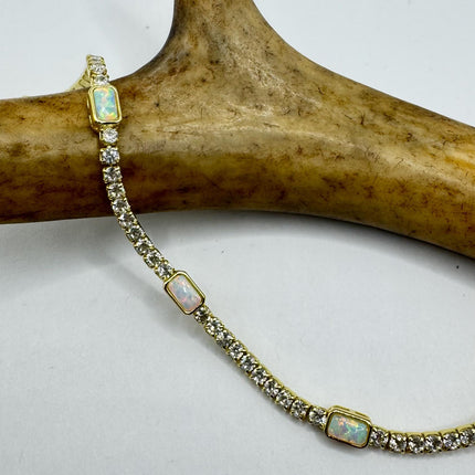 Vintage Gold Tennis Bracelet | Blue Fire Opal Gemstone Cubic Zirconia Crystal Diamond Gold 4 Prong Setting in Golden 925 Sterling Silver